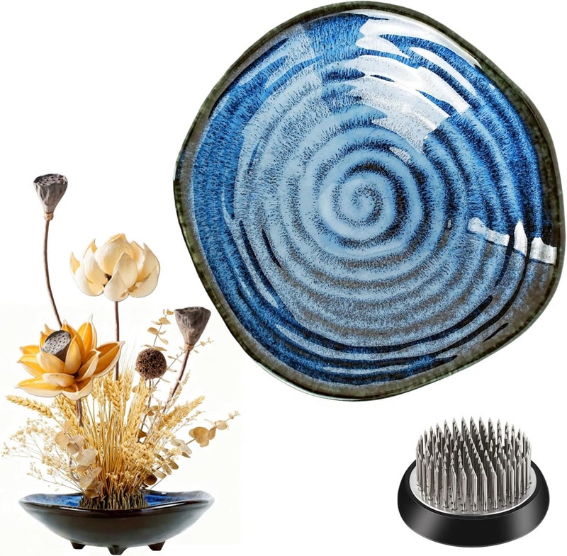 Eggone Ikebana Vase Kit - Flower Frog Bowl Set, Japanese Inspired Ceramic Vase with Metal Floral Frog, Flower Stem Holder Bowl Flower Arrangement Decoration (Blue-Small) - Image 1